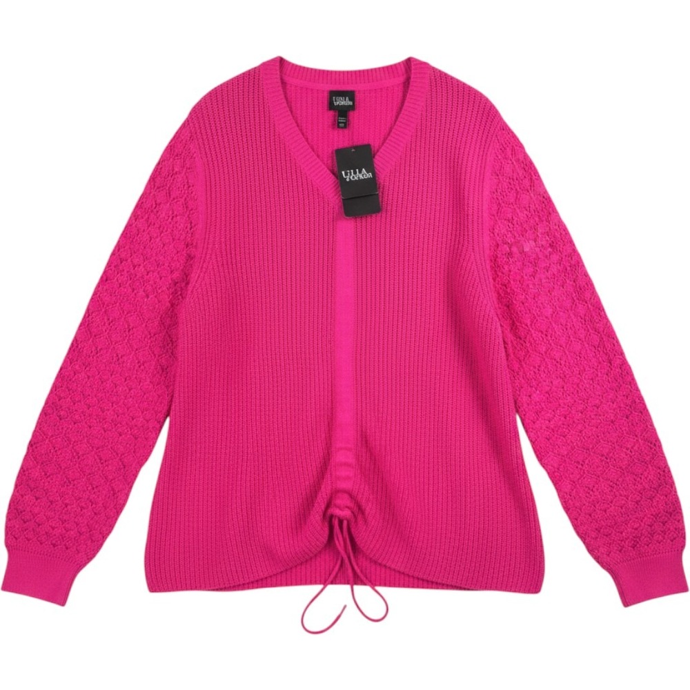 Ulla Popken crochet Sweater sz 20/22 Pink V-Neck Pointelle preppy relaxed money